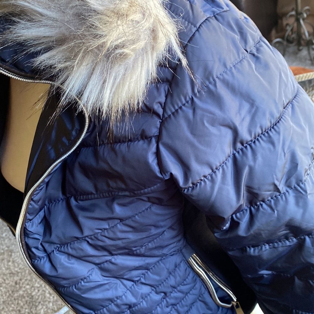 Navy Blue puffer coat thick fur hooded small NEW - Picture 4 of 9